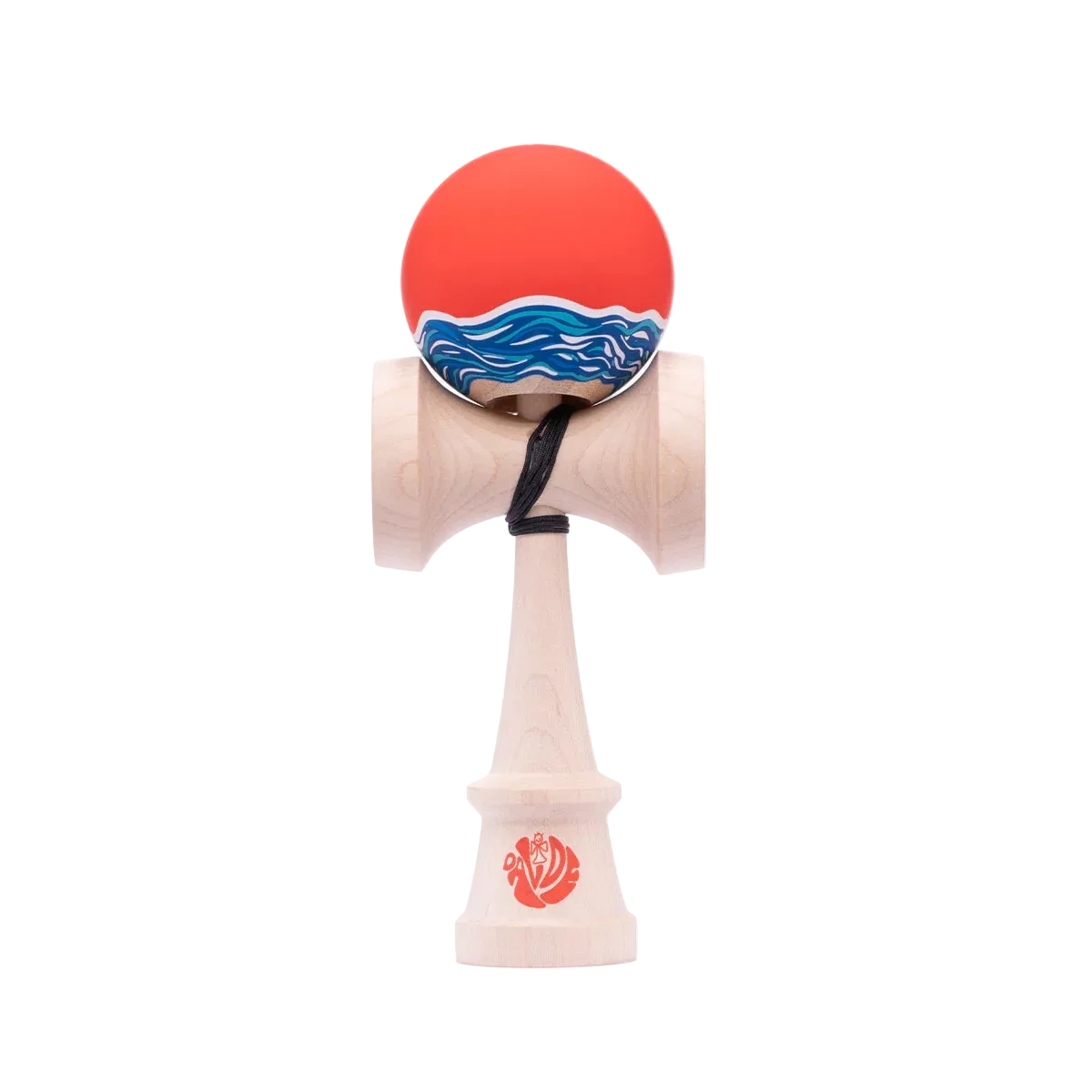 Kendama toy with red and blue design on a white background