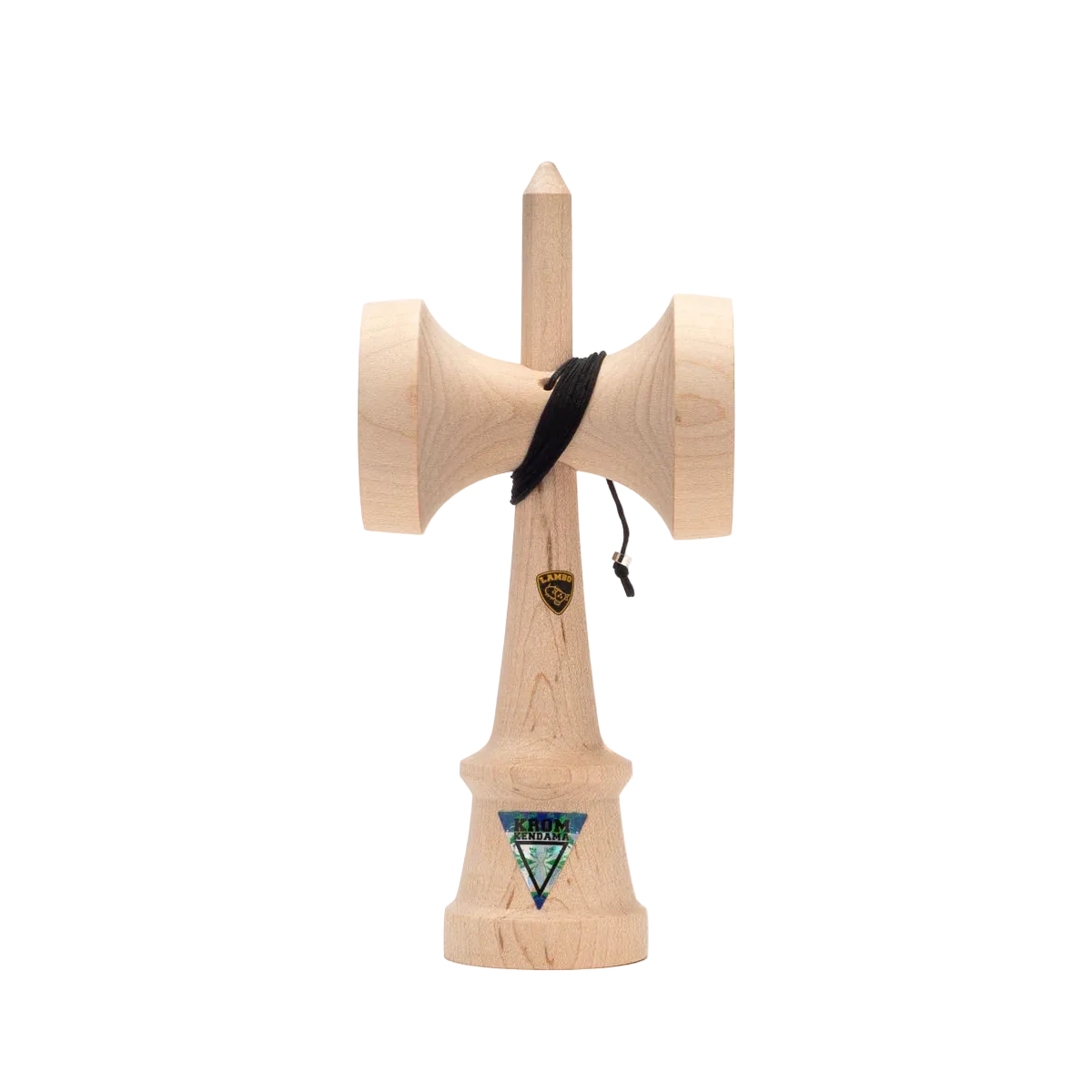 Wooden kendama toy with black string on a white background