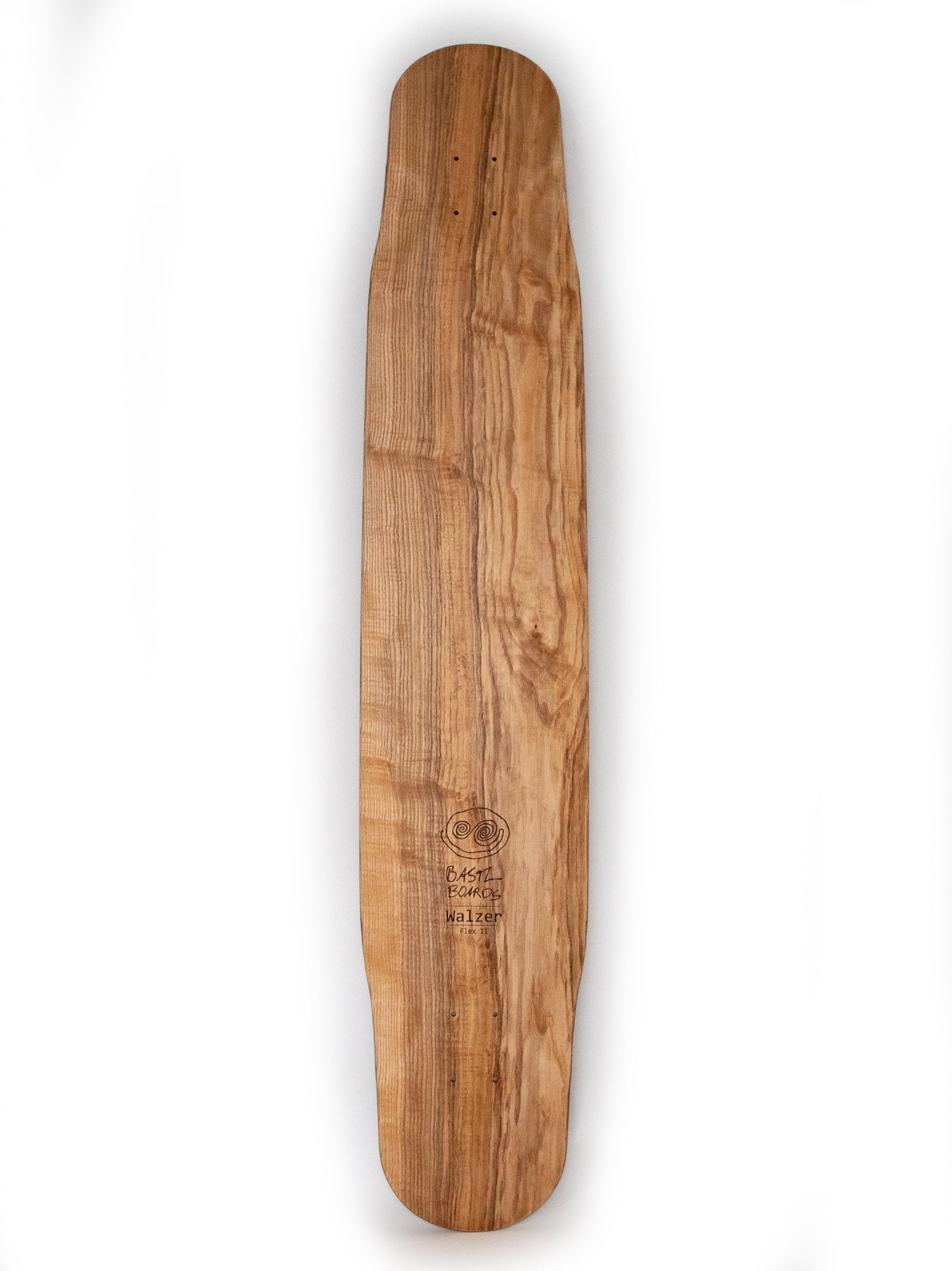 Walzer flex 2 bottom - A wooden longboard with a natural wood veneer finish.